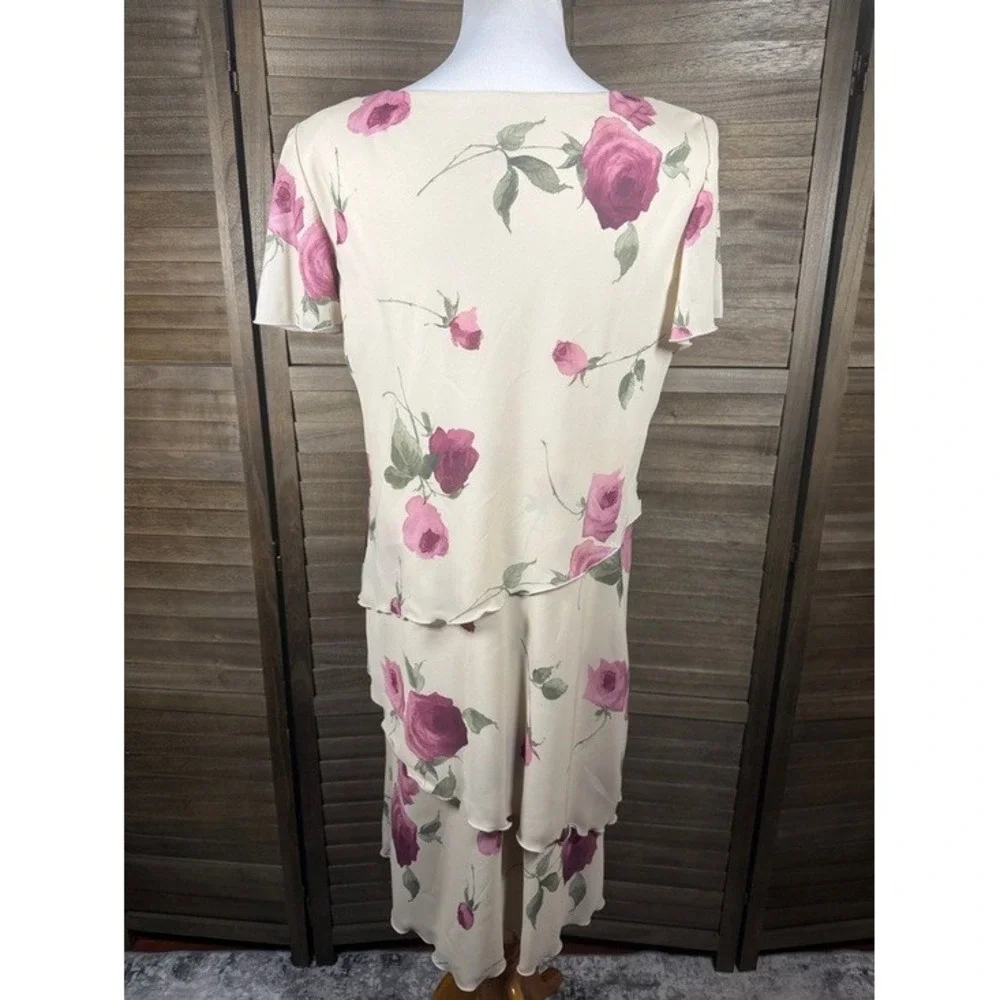 R&M Richards Karen Kwong Sand Pink Rose Floral Tiered Midi Dress Womens 14‎ NWT